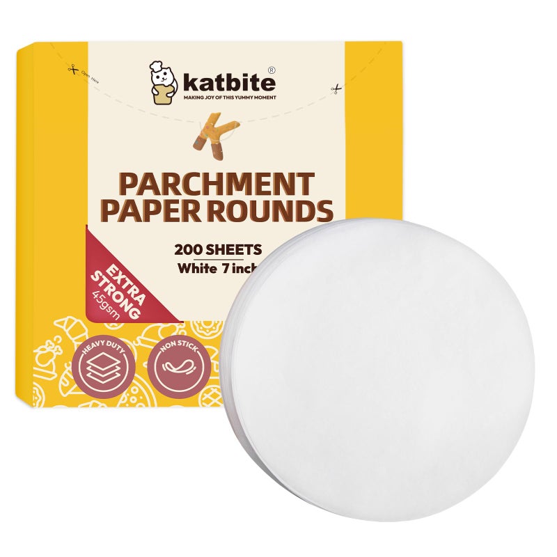 Katbite 7 Inch Round Parchment Paper, 200Pcs Parchment Rounds, Heavy Duty & Non-stick for Cake Baking, Air Fryer Liners, Patty Paper - Image 1